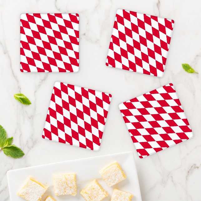 Red and White Bavaria Diamond Flag Pattern Coaster Set (In Situ)