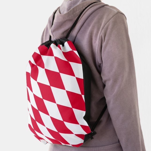 Red and White Bavaria Diamond Flag Pattern Drawstring Bag (Insitu)