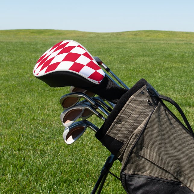 Red and White Bavaria Diamond Flag Pattern Golf Head Cover (In Situ)