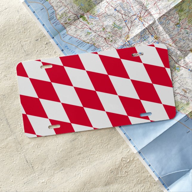 Red and White Bavaria Diamond Flag Pattern License Plate (In Situ)