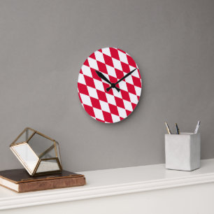 Red and White Bavaria Diamond Flag Pattern Round Clock