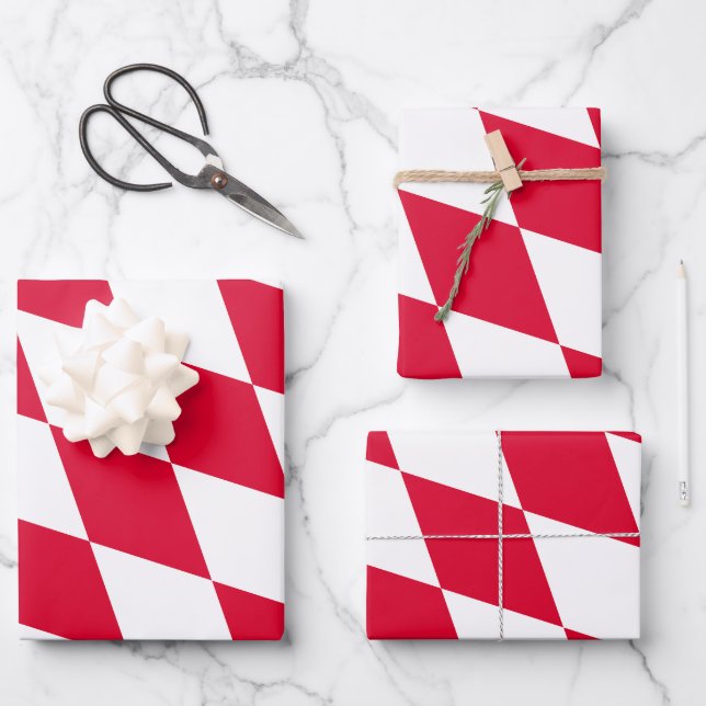 Red and White Bavaria Diamond Flag Pattern Wrapping Paper Sheets (Front)