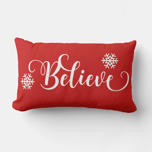 Red and White Believe Christmas Pillow (Front)