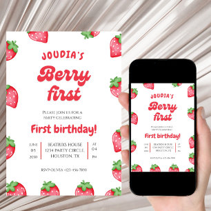 Red and White Berry Cute Watercolor 1st Birthday  Invitation