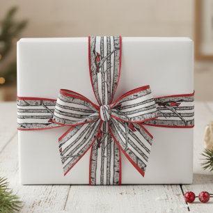 Red and White Birch Trees and Red Cardinal Birds Grosgrain Ribbon