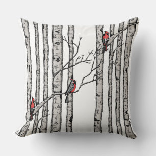 Red and White Birch Trees and Red Cardinal Birds Throw Pillow