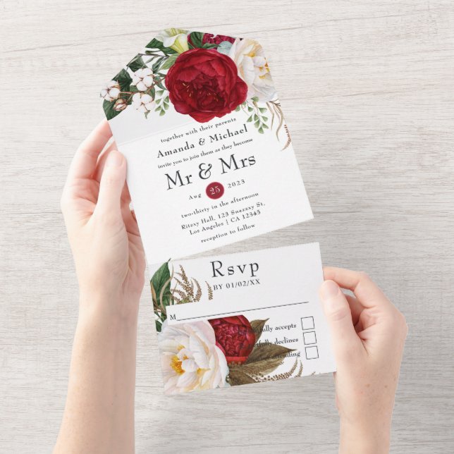 Red and White Boho Floral Wedding All In One Invit Invitation (Tearaway)
