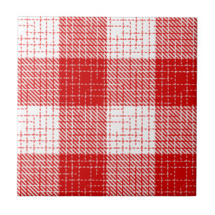 Red and White Bold Checkered Plaid Design Ceramic Tile
