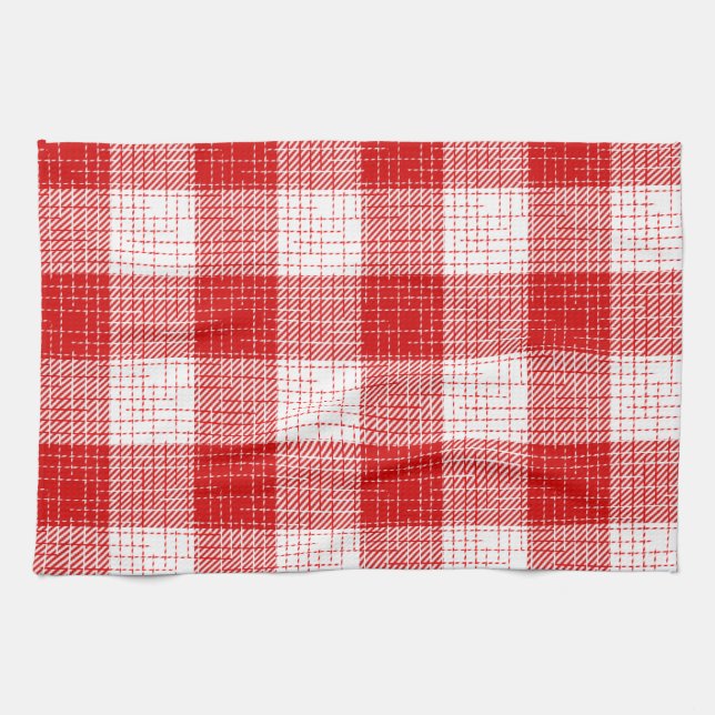 Red and White Bold Checkered Plaid Design  Kitchen Towel (Horizontal)