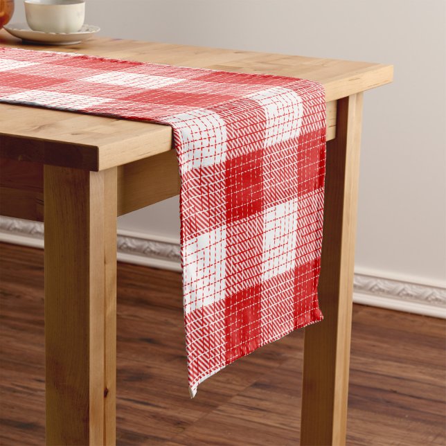Red and White Bold Checkered Plaid Design  Short Table Runner (Creator Uploaded)