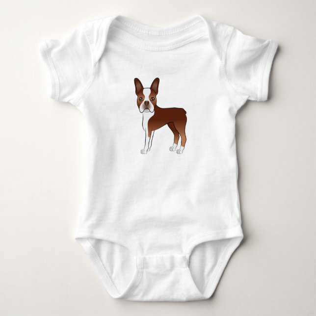 Red And White Boston Terrier Cartoon Dog Drawing Baby Bodysuit (Front)