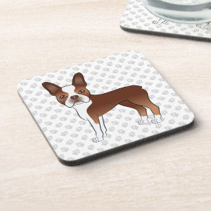 Red And White Boston Terrier Cartoon Dog & Paws Beverage Coaster
