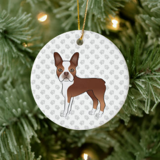 Red And White Boston Terrier Cartoon Dog &amp; Paws Ceramic Ornament