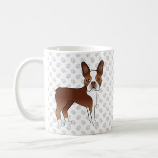 Red And White Boston Terrier Cartoon Dog &amp; Paws Coffee Mug