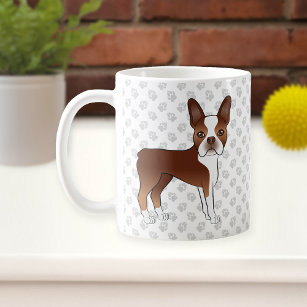 Red And White Boston Terrier Cartoon Dog & Paws Coffee Mug