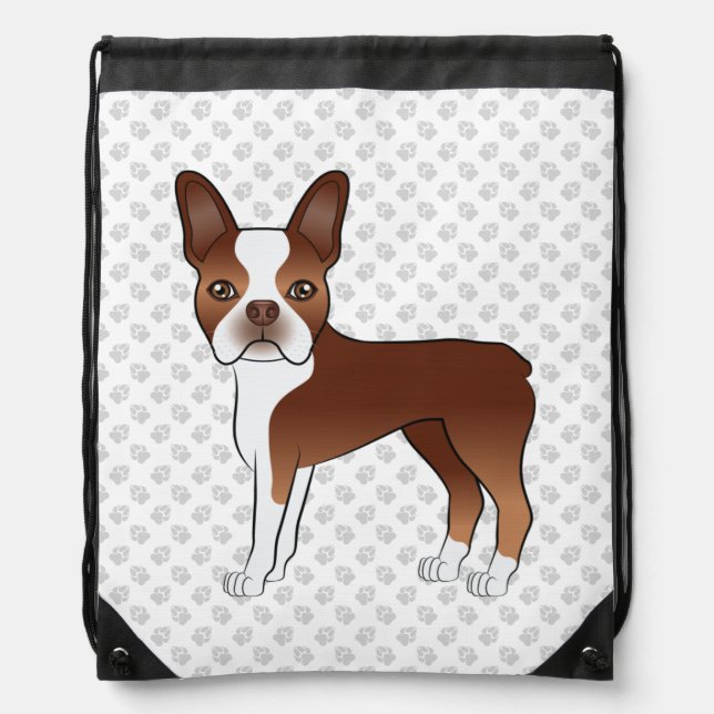 Red And White Boston Terrier Cartoon Dog & Paws Drawstring Bag (Front)