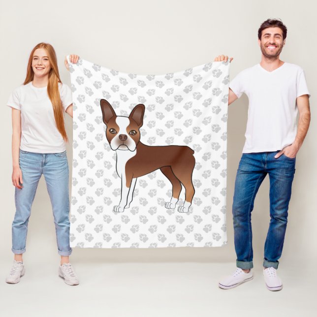 Red And White Boston Terrier Cartoon Dog & Paws Fleece Blanket (In Situ)