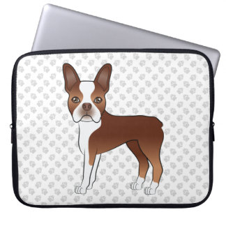 Red And White Boston Terrier Cartoon Dog &amp; Paws Laptop Sleeve