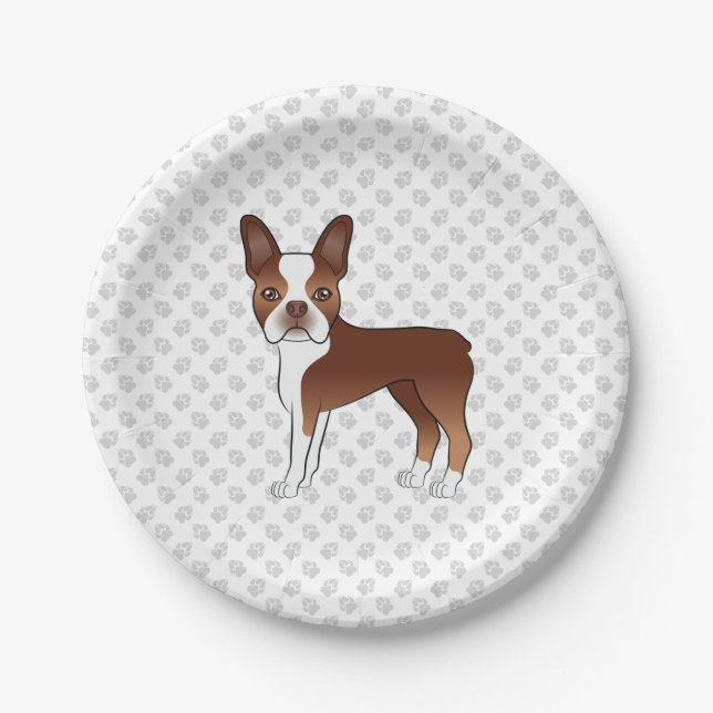 Red And White Boston Terrier Cartoon Dog & Paws Paper Plates (Front)