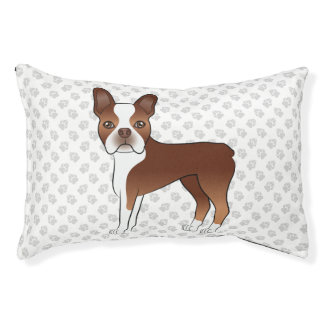 Red And White Boston Terrier Cartoon Dog &amp; Paws Pet Bed