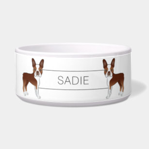 Red And White Boston Terrier Cartoon Dogs & Name Bowl