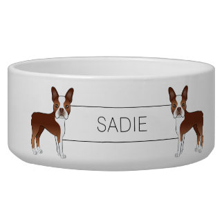 Red And White Boston Terrier Cartoon Dogs &amp; Name Bowl