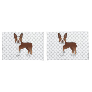 Red And White Boston Terrier Cartoon Dogs & Paws Pillow Case