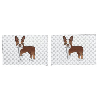 Red And White Boston Terrier Cartoon Dogs &amp; Paws Pillow Case