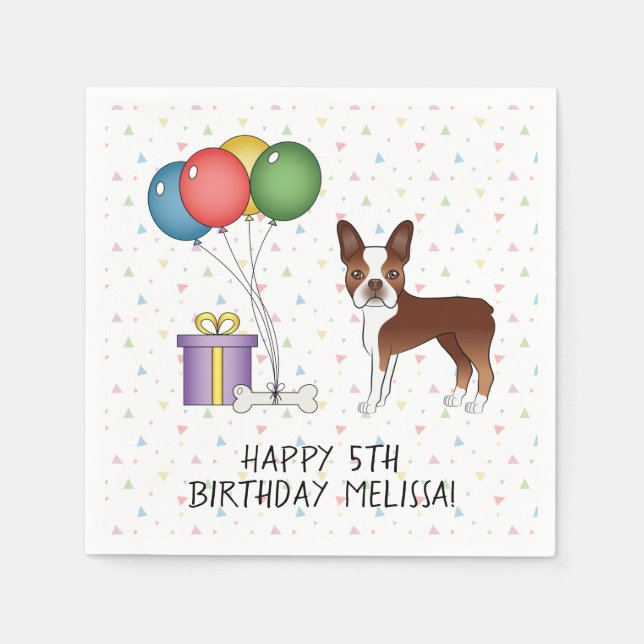 Red And White Boston Terrier Cute Dog - Birthday Napkins (Front)
