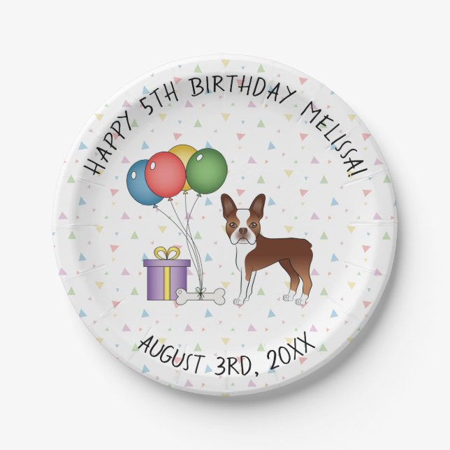 Red And White Boston Terrier Cute Dog - Birthday Paper Plates (Front)