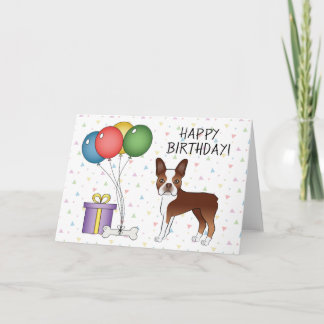 Red And White Boston Terrier Dog Happy Birthday Card