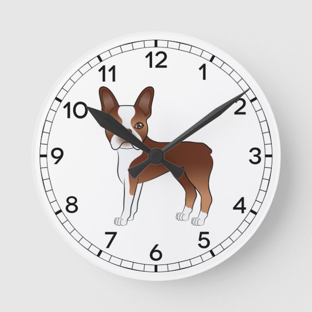 Red And White Boston Terrier Dog Illustration Round Clock (Front)