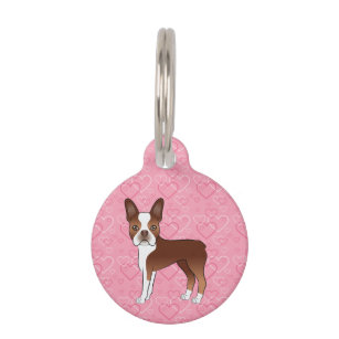 Red And White Boston Terrier Dog On Pink Hearts Pet ID Tag