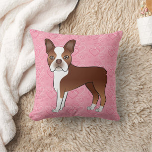 Red And White Boston Terrier Dog On Pink Hearts Throw Pillow