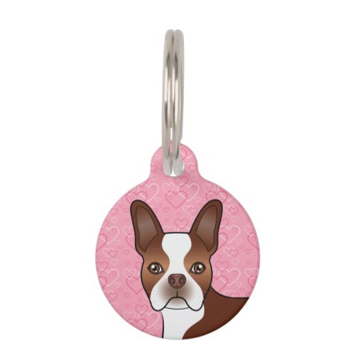 Red And White Boston Terrier Head On Pink Hearts Pet ID Tag