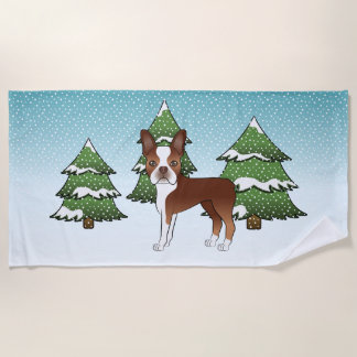 Red And White Boston Terrier In A Winter Forest Beach Towel