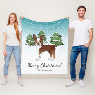 Red And White Boston Terrier In A Winter Forest Fleece Blanket