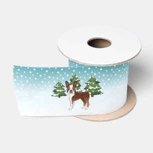 Red And White Boston Terrier In A Winter Forest Satin Ribbon