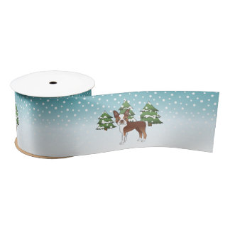 Red And White Boston Terrier In A Winter Forest Satin Ribbon