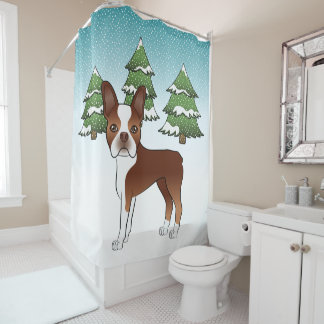 Red And White Boston Terrier In A Winter Forest Shower Curtain