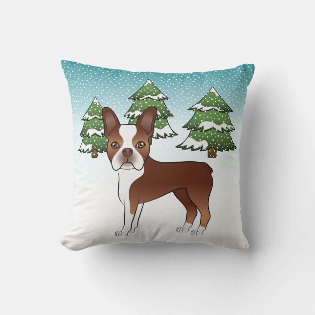 Red And White Boston Terrier In A Winter Forest Throw Pillow (Front)