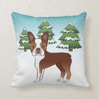 Red And White Boston Terrier In A Winter Forest Throw Pillow