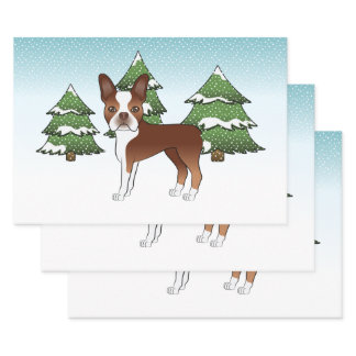 Red And White Boston Terrier In A Winter Forest Wrapping Paper Sheets