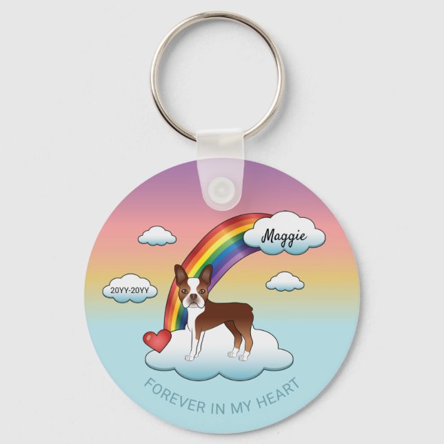 Red And White Boston Terrier Rainbow Memorial Keychain (Front)