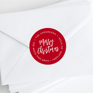 Red and White Brush Script Holiday Return Address Classic Round Sticker