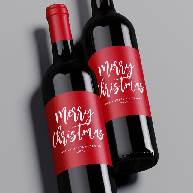 Red and White Brush Script Merry Christmas Wine Label (Creator Uploaded)