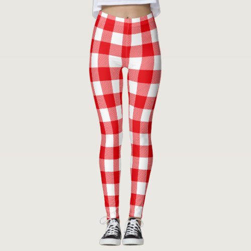 Red and White Buffalo Check Pattern Leggings