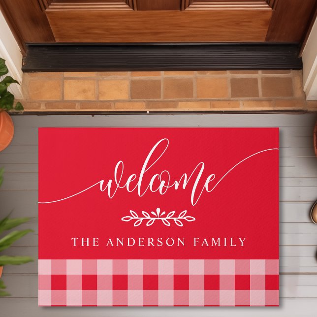 Red And White Buffalo Check Welcome Personalized Doormat (Creator Uploaded)