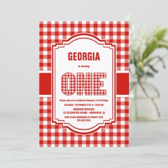 Red and White Buffalo Plaid 1st Birthday Party Invitation | Zazzle