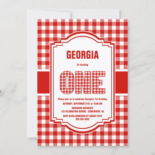 Red and White Buffalo Plaid 1st Birthday Party Invitation